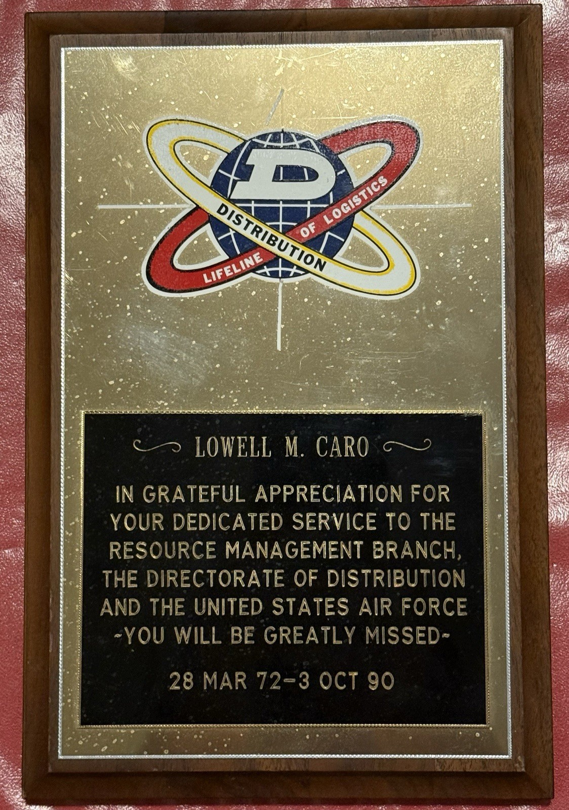 USAF Desert Storm Era Plaque / Award Named To Lowell M. Caro (C1)