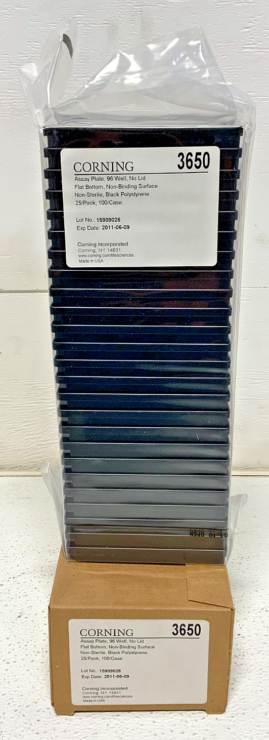 NEW Box of 25 Corning 3650 Black Assay Plate Flat Bottom Microplate 96-Well 72E