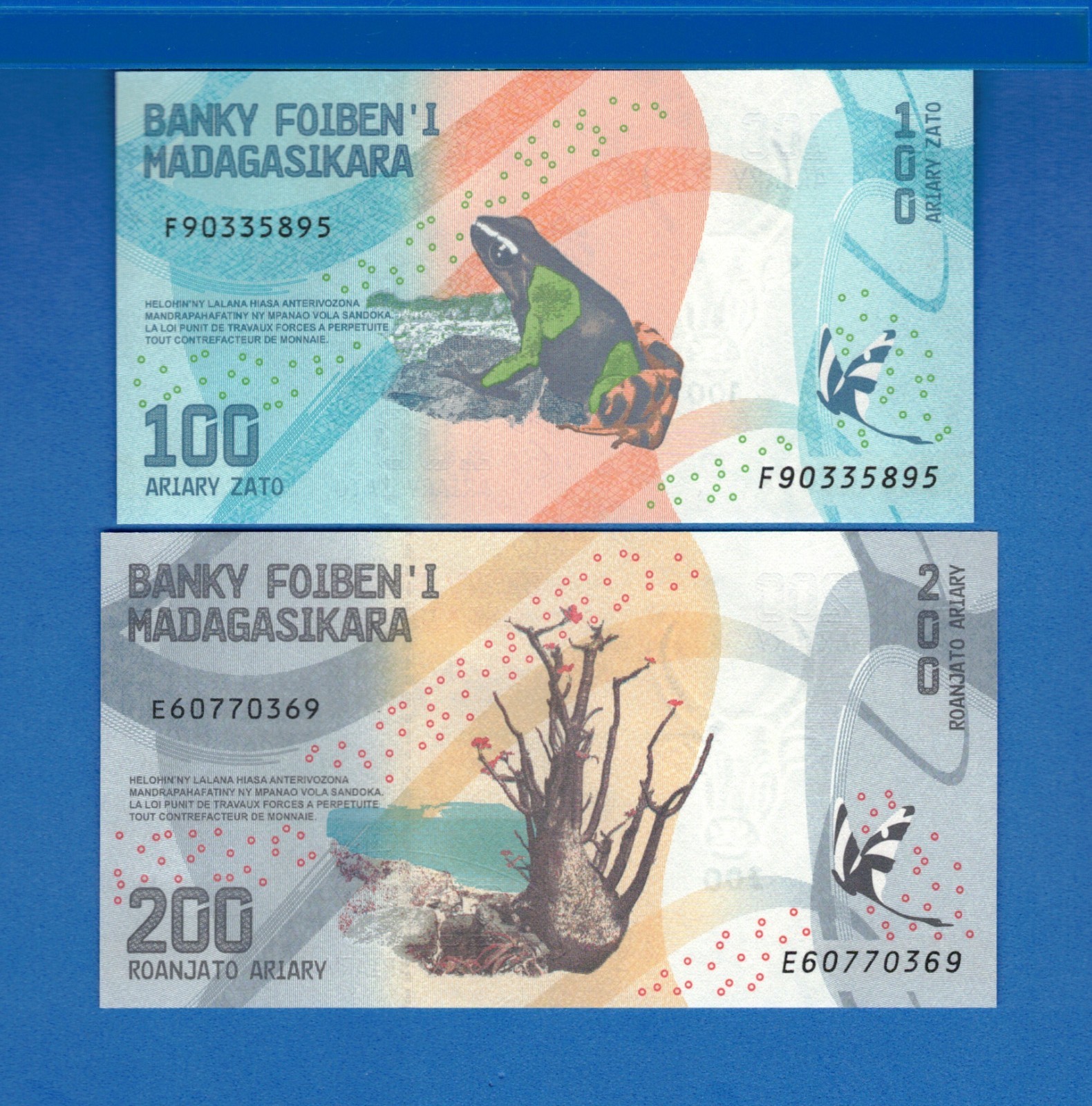 Madagascar 100 & 200 Ariary Year ND Frog Waterfall Uncirculated Banknote Set # 1