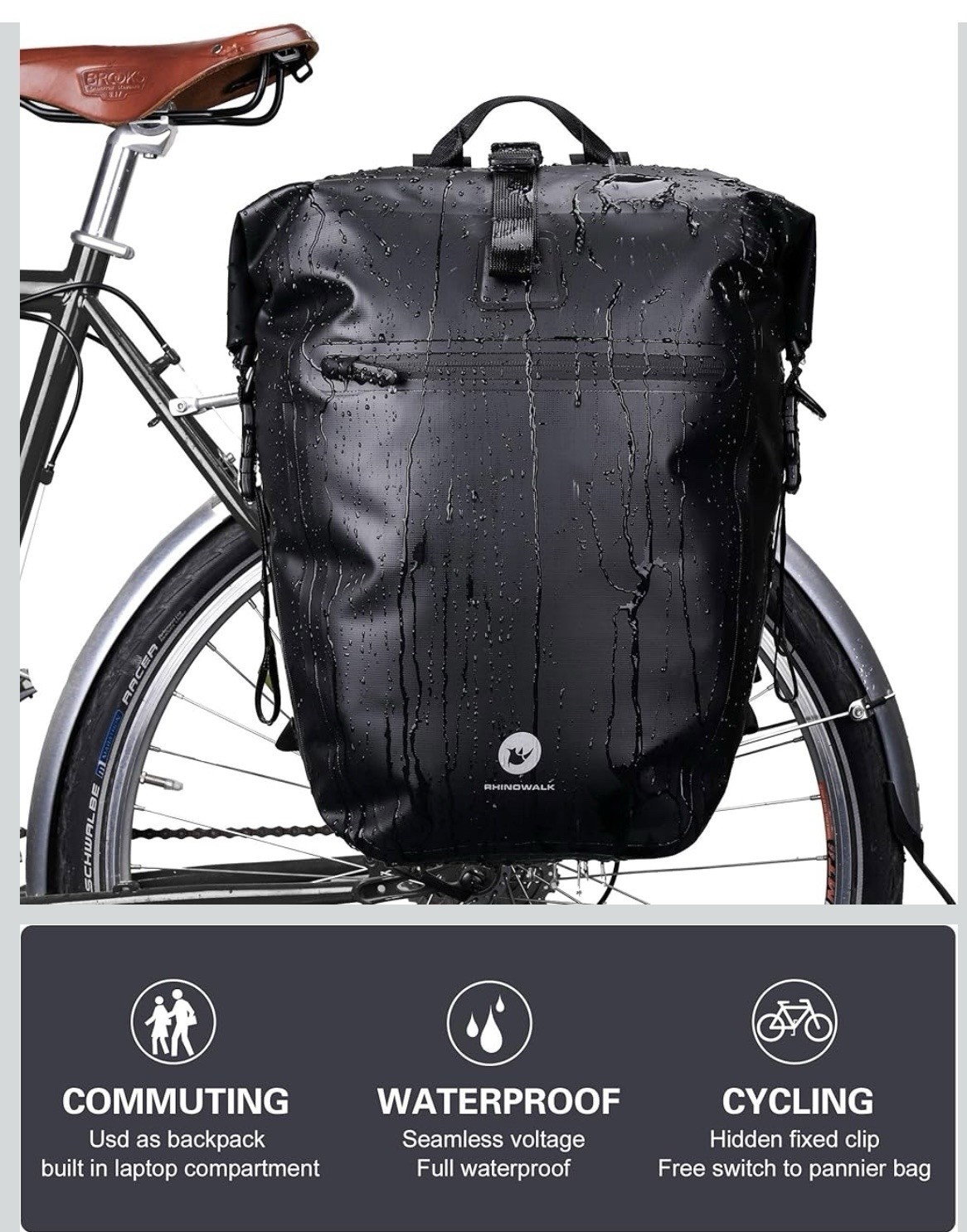 Waterproof Bike Pannier Bag 27-30L Rear Rack Backpack Cycling Travel Storage Blk