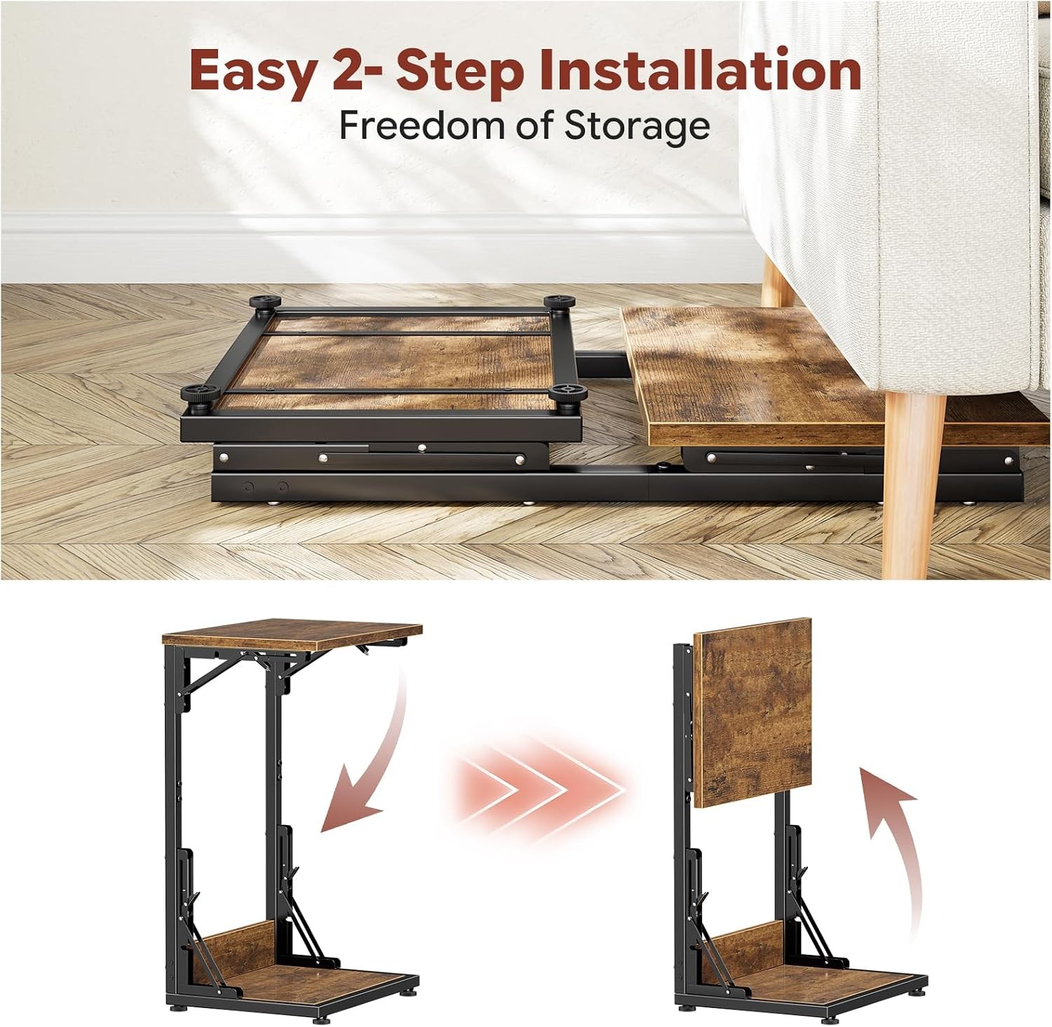 C Shaped End Table Folding TV Tray Table Side Table Living Bedroom Rustic Brown