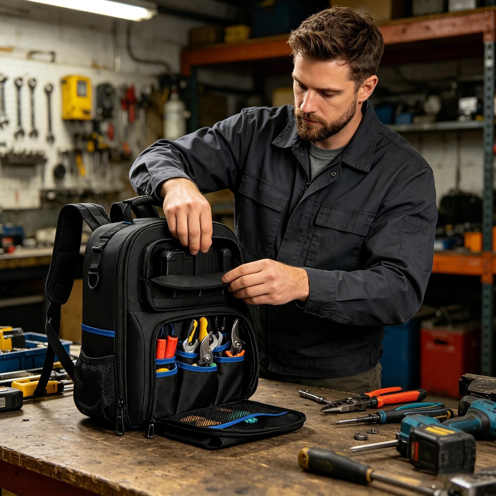 Heavy Duty Tool Backpack for Men – Multi-Pocket Work Bag for Electricians & Tech
