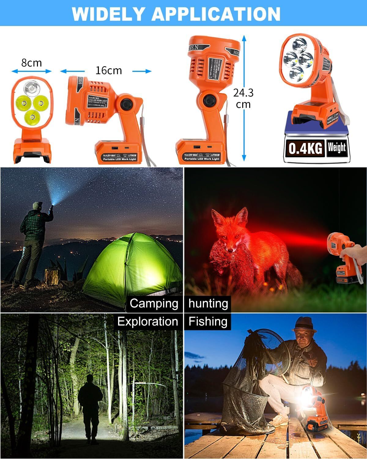 1120LM LED Work Light for Black &Decker 20v Spotlight Cordless Flashlight USB