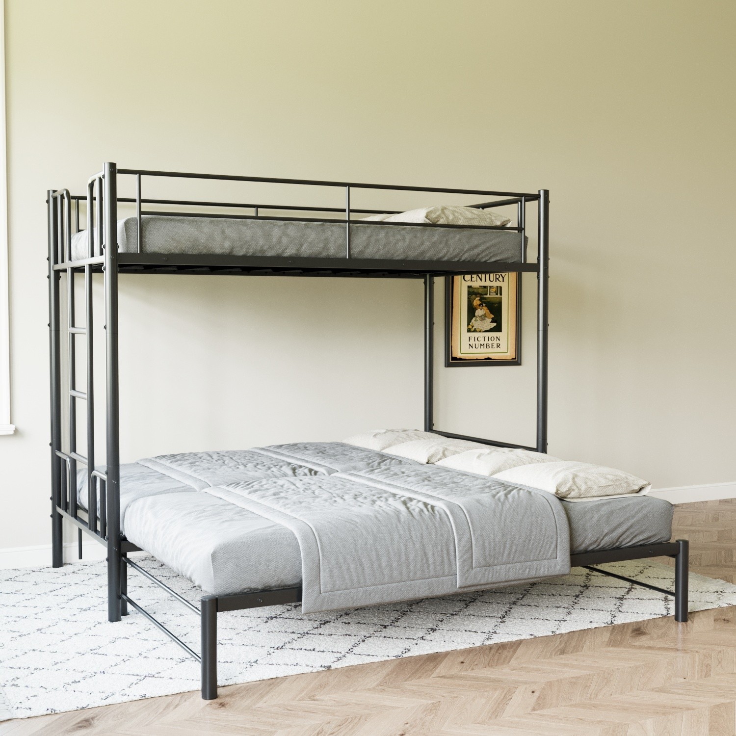 Twin Size Bed Frame Metal Pull-Out Bunk Bed with Guardrail and Built-In Ladder