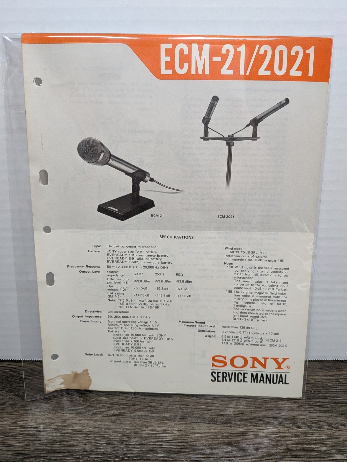 Sony ECM-21 ECM-2021 Electret Condenser Microphone Service Manual Original OEM