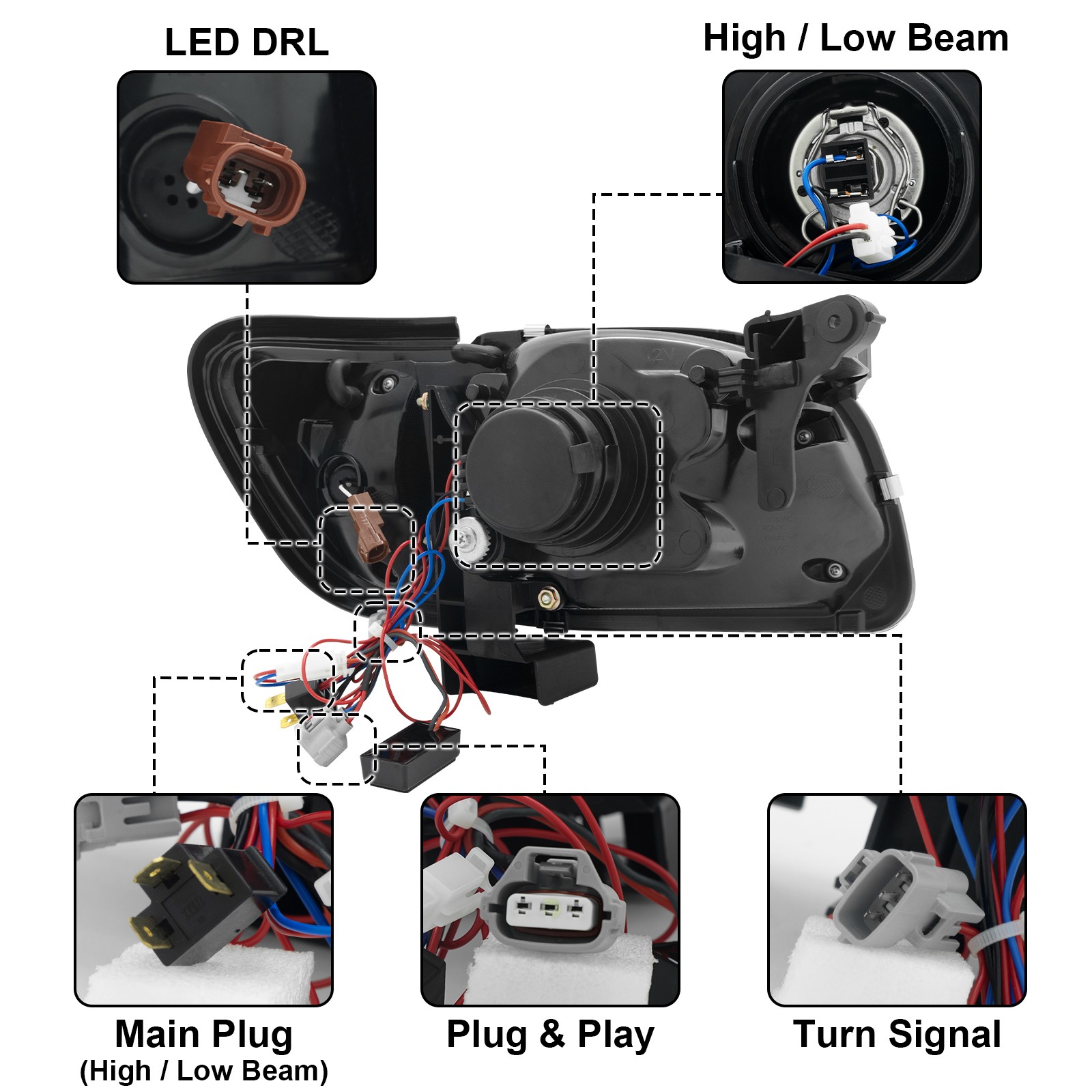 LED DRL Turn Signal Headlights For 2001-2004 Toyota Tacoma Halogen Projector L+R