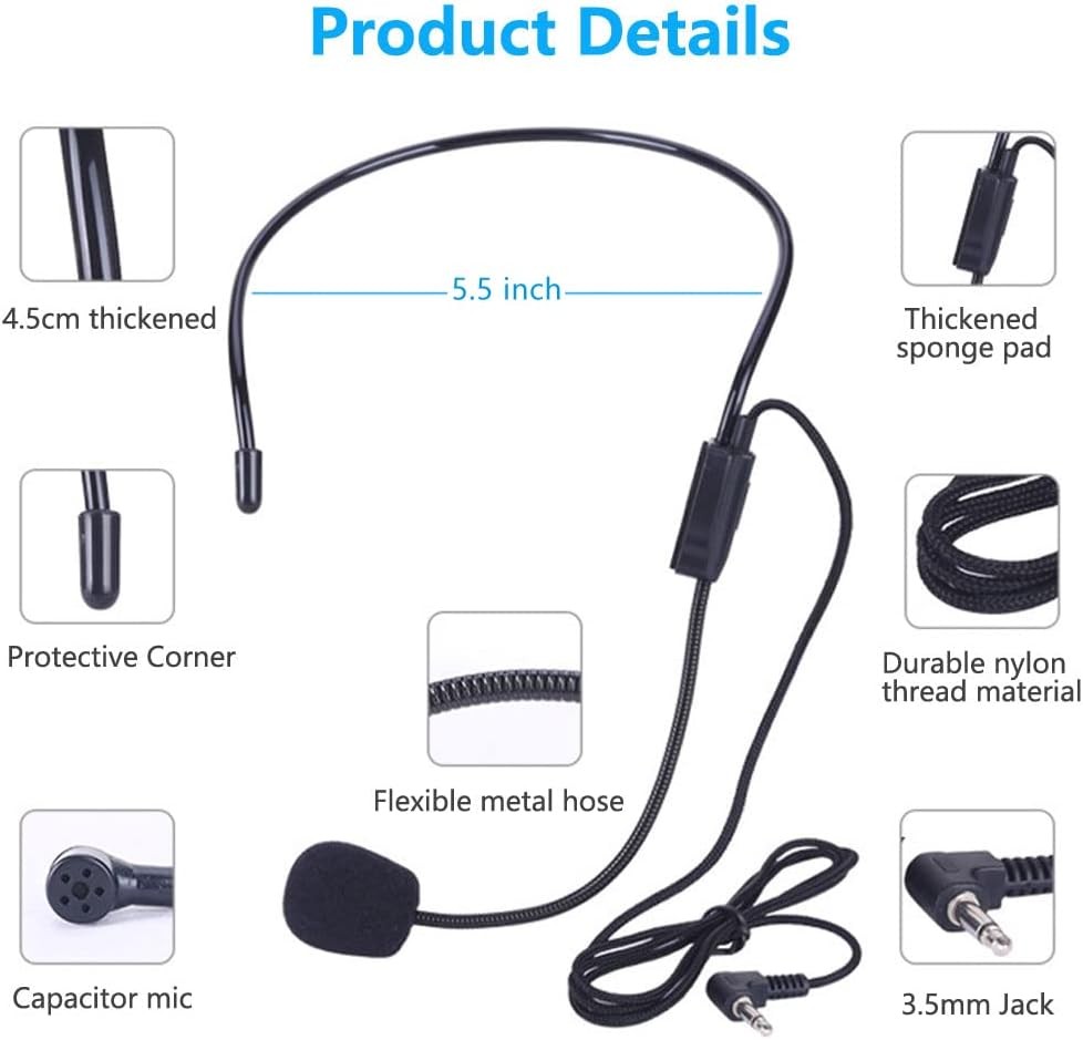 2Pcs Microphone Headset Mic, Flexible Wired Boom for Voice Amplifier, Black