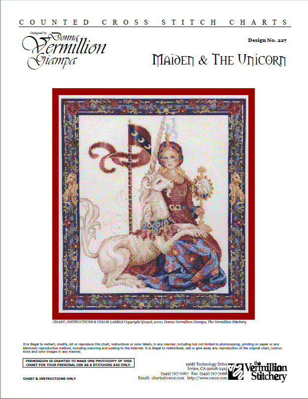 Maiden & the Unicorn Vermillion Stitchery Cross Stitch Pattern 227