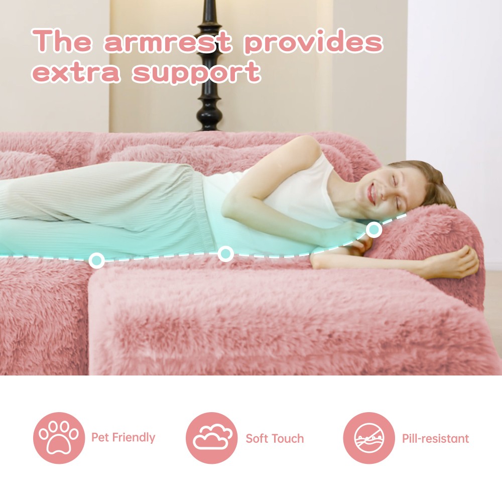 2-seater Sectional Couches Soft Fluffy Plush Fabric Bottom Anti-Slip Design Pink