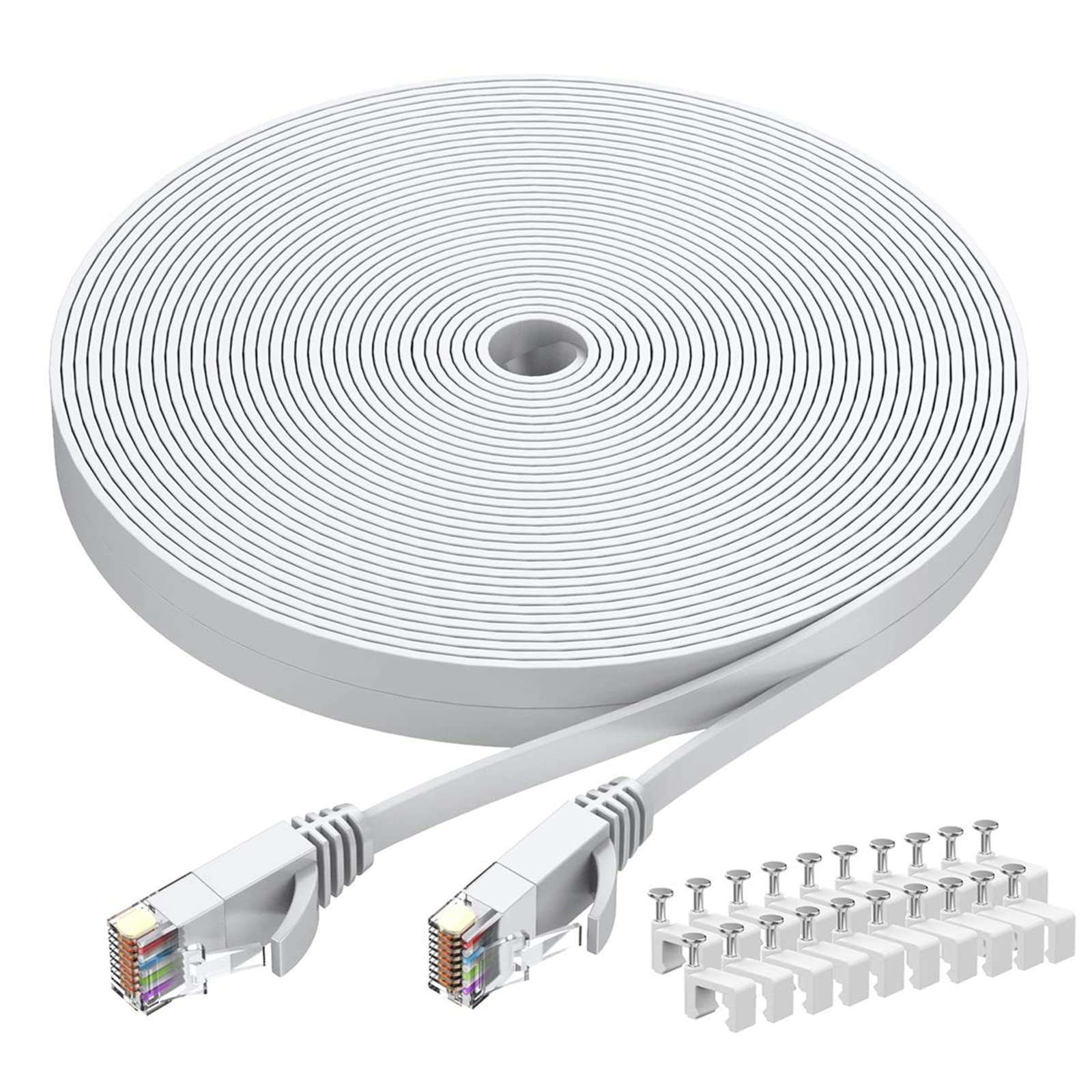 Cat6 Ethernet Cable 40 FT White, Cat-6 Flat RJ45 Computer Internet LAN Network E