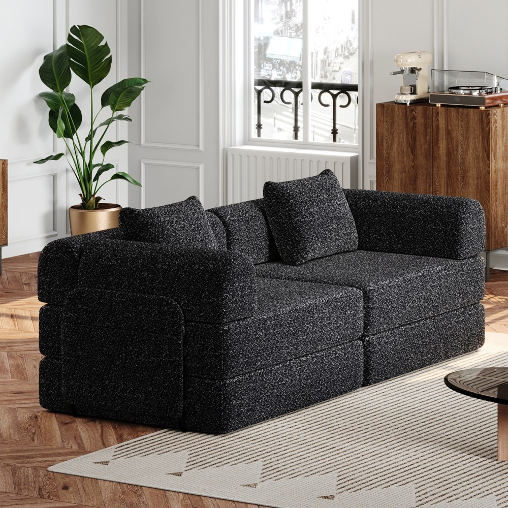 72.4" Convertible Sofa Bed w/ Storage Pockets, Black Chenille Fabric