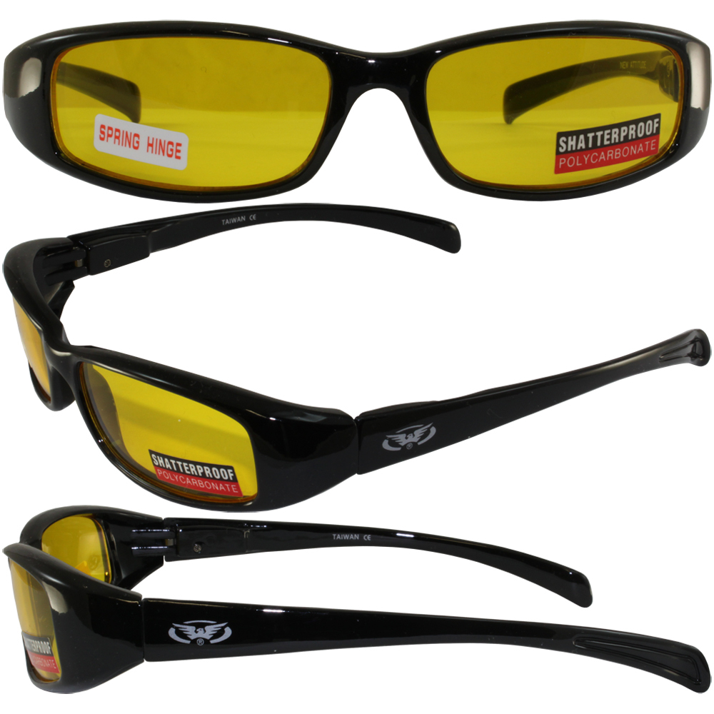 NEW ATTITUDE MOTORCYCLE GLASSES SUNGLASSES BLACK FRAMES SPRING HINGE YELLOW LENS