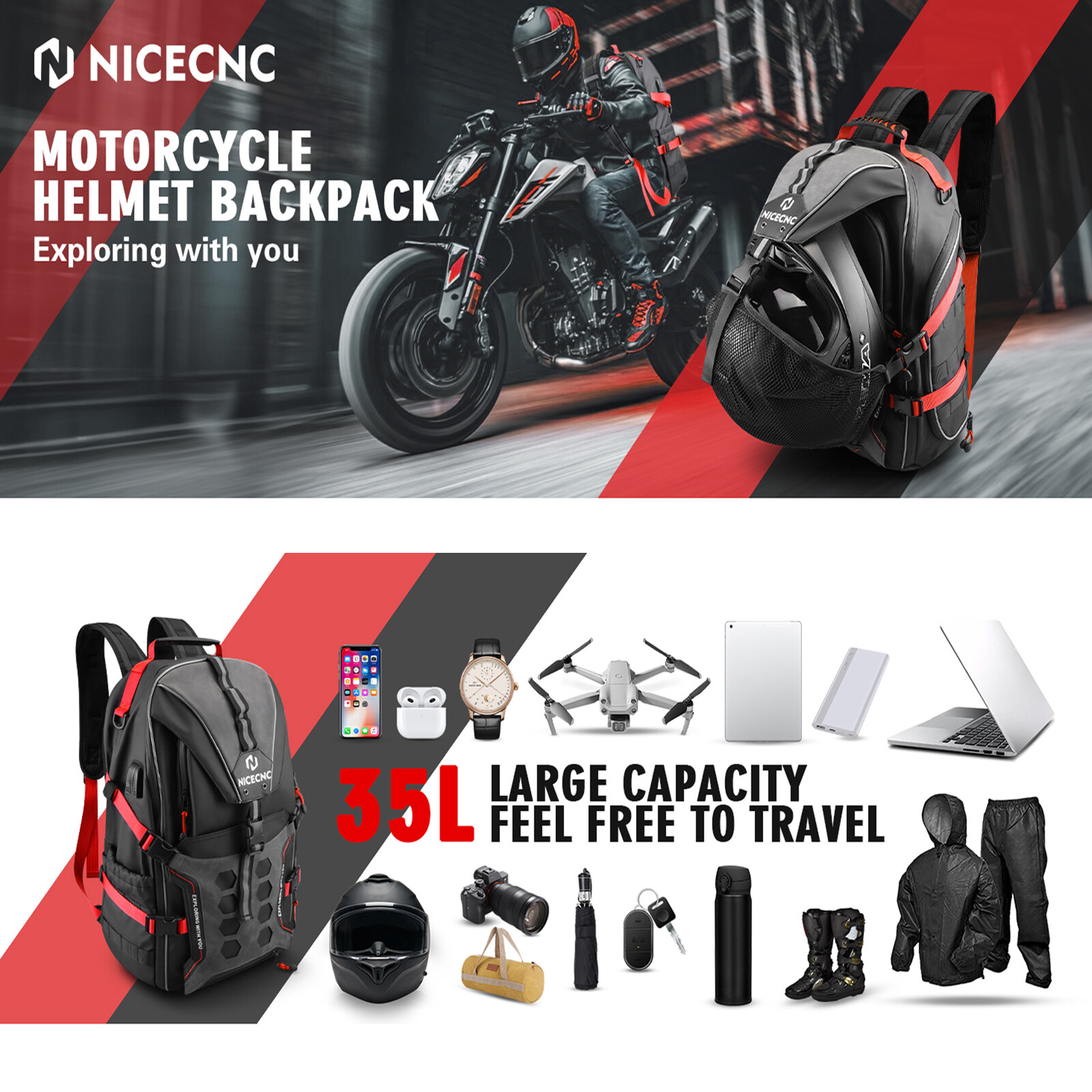 Motorcycle Backpack Waterproof Helmet Luggage Backpack Bag Men Accessories Red