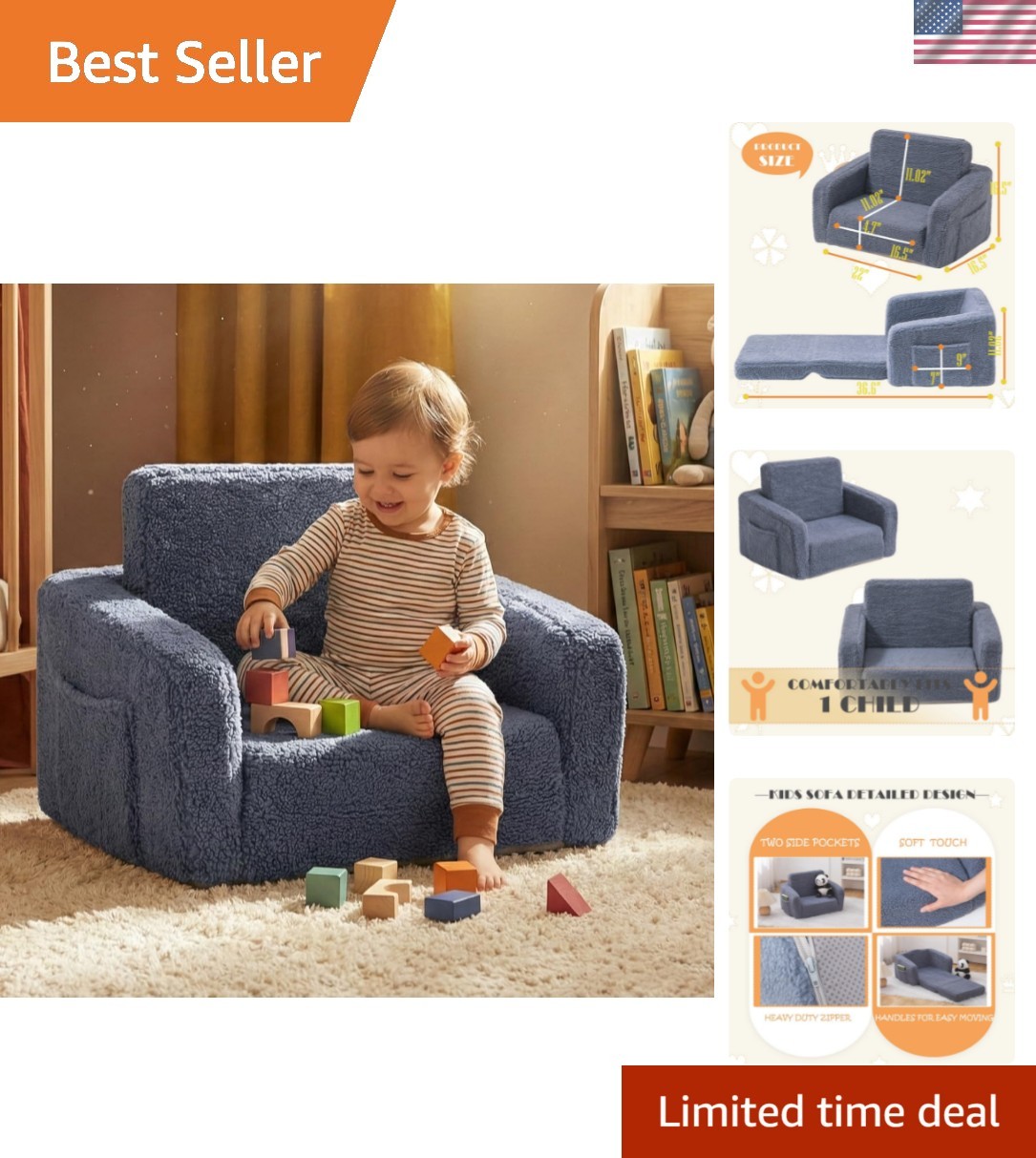 Toddler Baby Chair Couch Sofa Kids Foldable 2-in-1 Sherpa Fold Out Couch Todd...