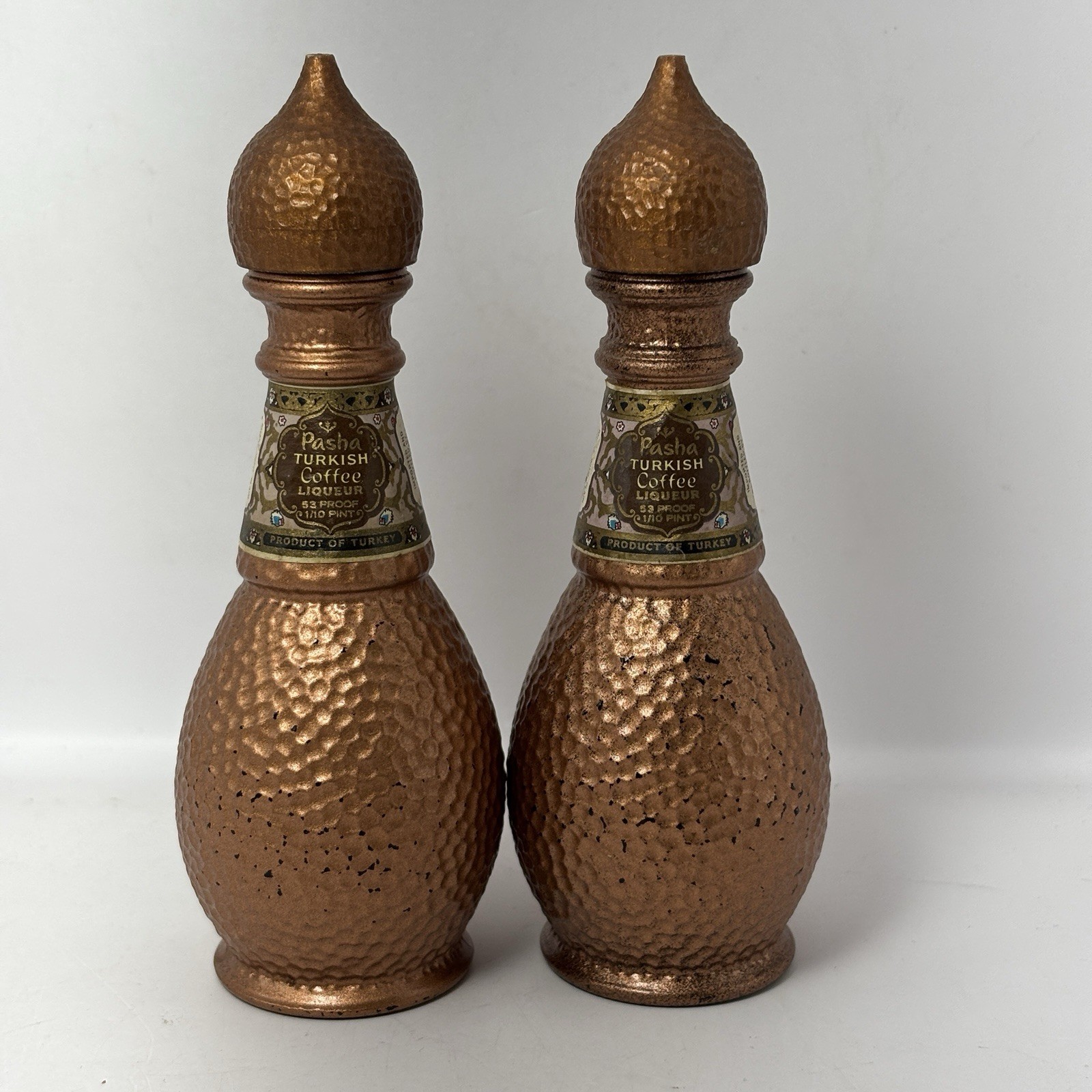 Pair Of Pasha Turkish Coffee Liqueur Bottles Hammered Copper 1950s–60s Vintage