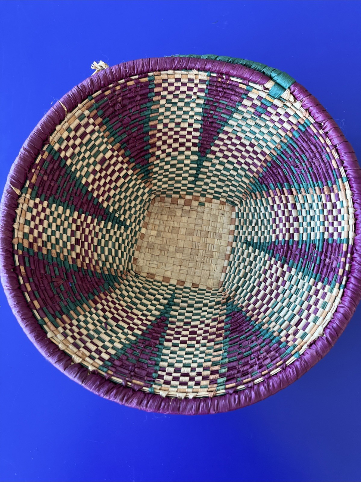Handwoven Hanging Basket Purple Green Straw Tan 10’’ Bowl BOHO Decoration
