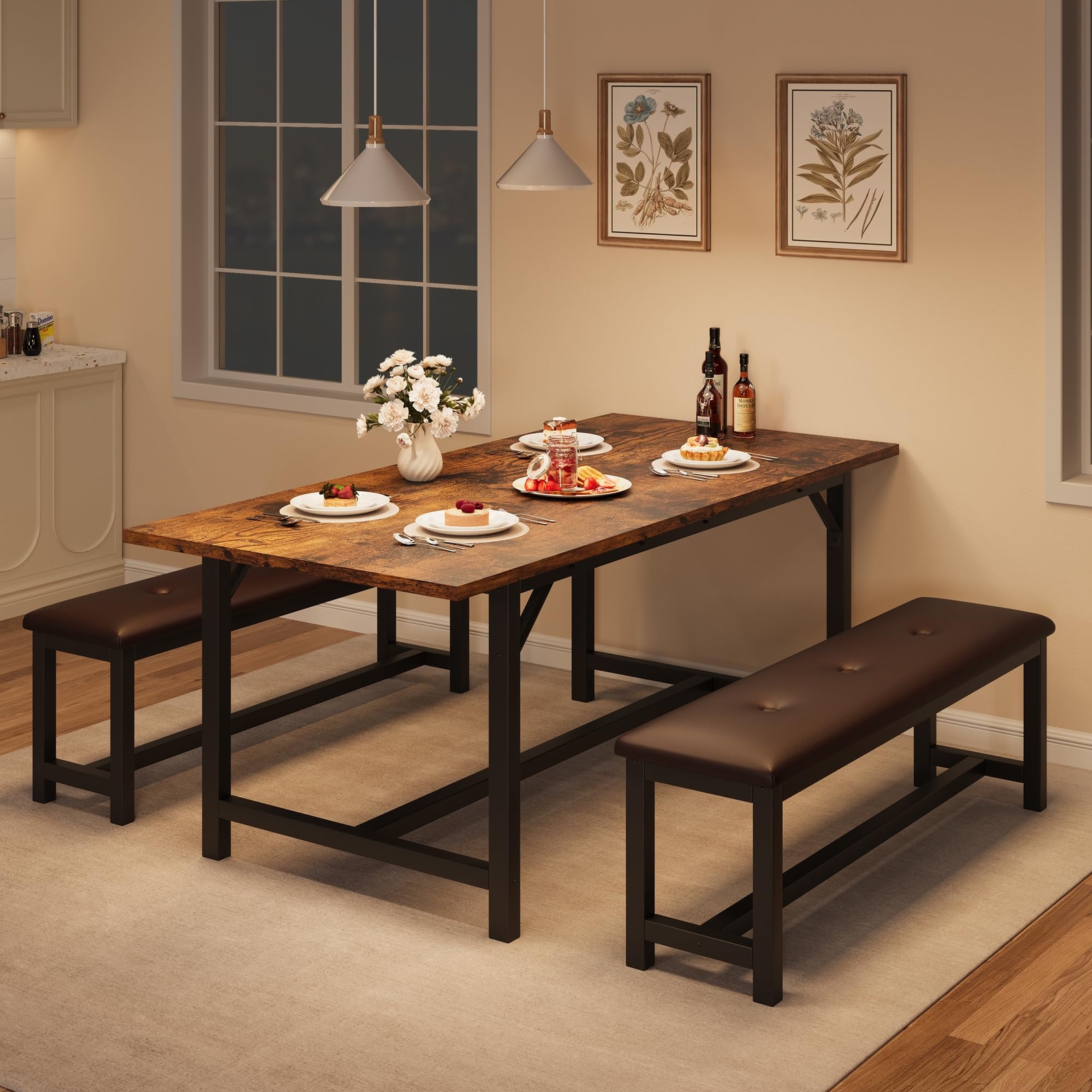 Large Dining Room Table Set ,63" Extendable Kitchen Table and 2 Benches Dinette