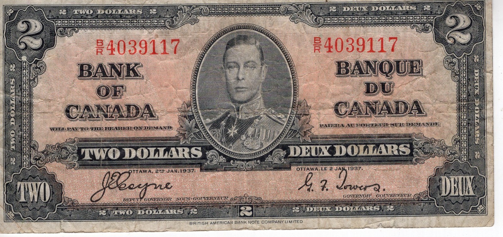 Bank of Canada 1937 $2 Two Dollars Coyne-Towers B/R Prefix Fine+