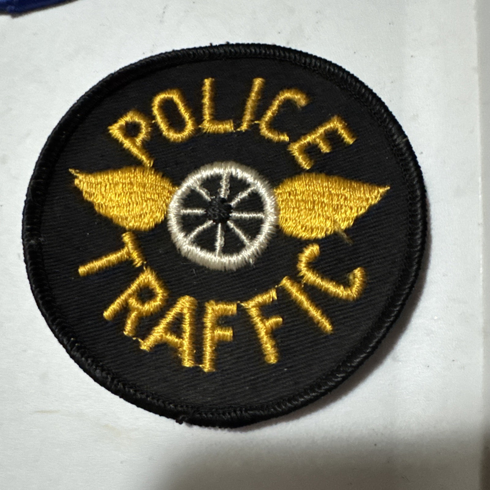 Round Police Traffic Patch Black With Yellow Letters And Wings