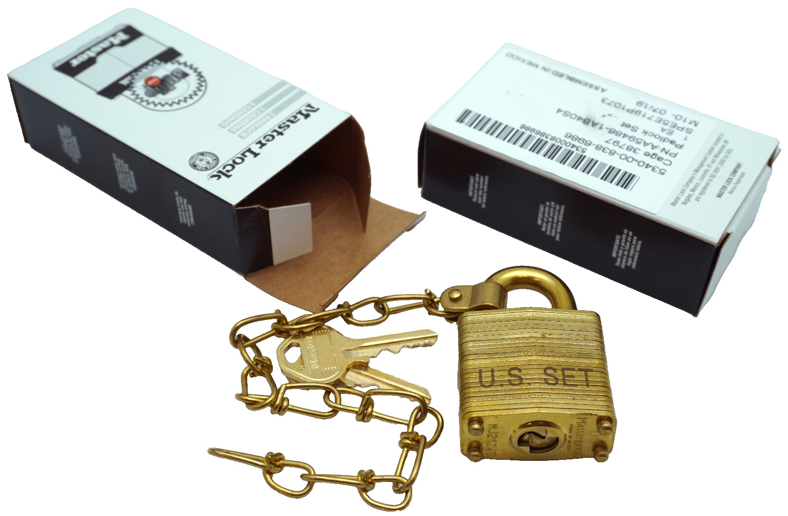 Lot (2) Master Lock DG Commercial Brass Military Padlocks w/Chain - Keyed Alike