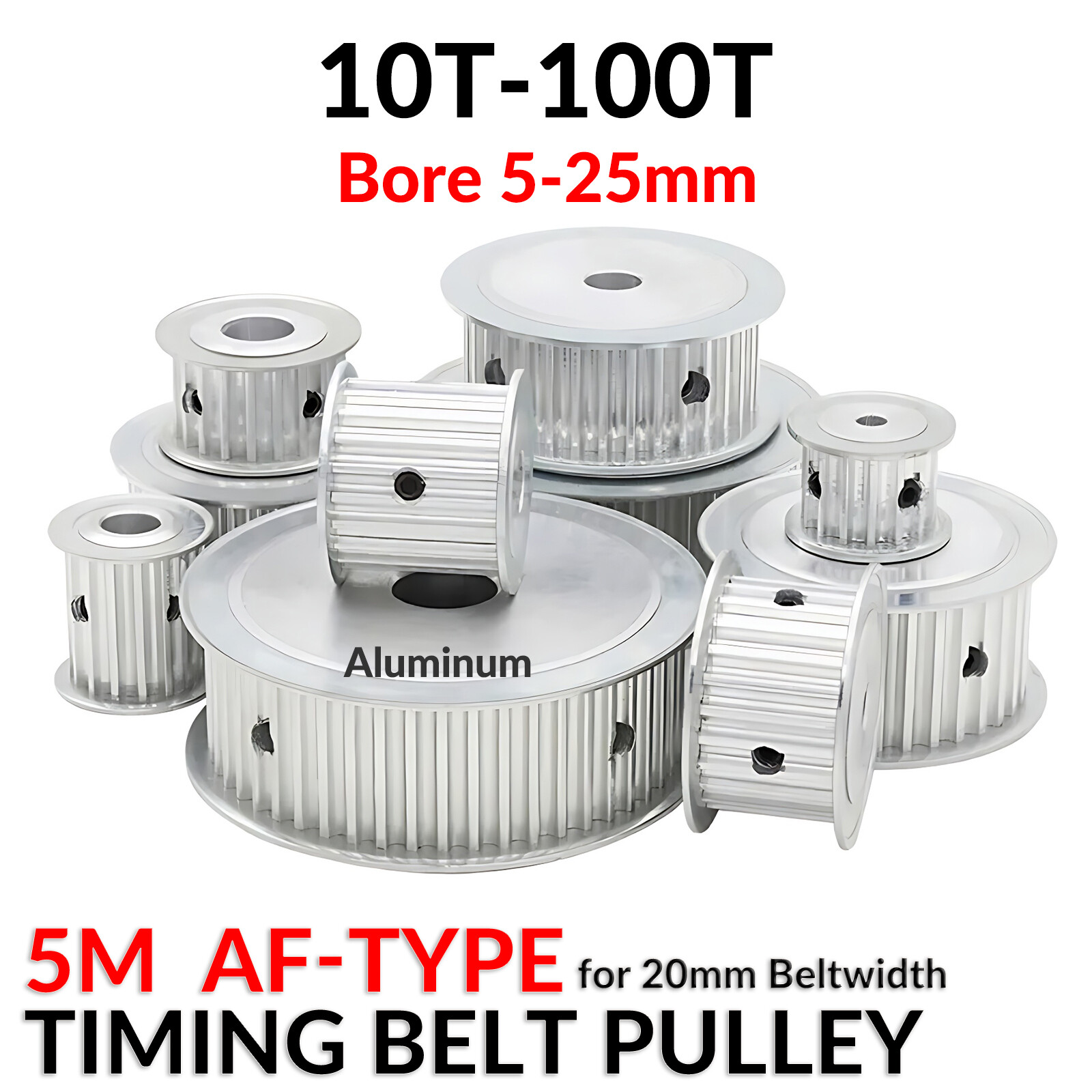 5M 10-100T Timing Belt Pulley Gear Wheel Sprocket 5-25mm Bore For 20mm Beltwidth