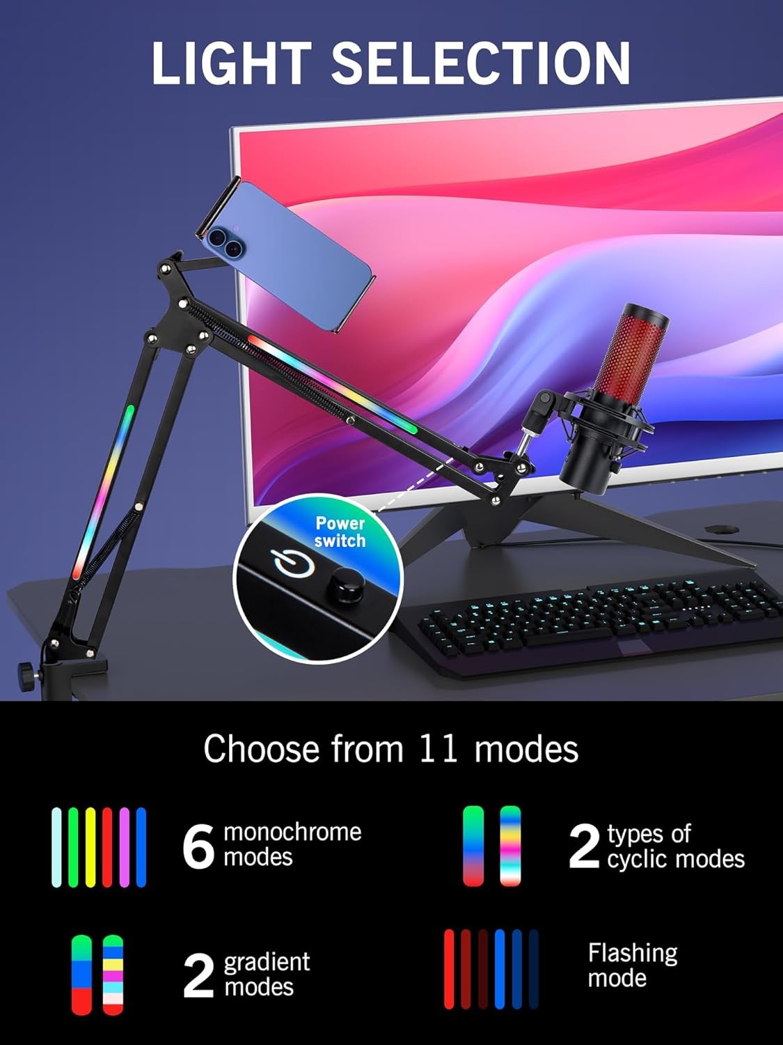 RGB Boom Arm - Mic Arm With RGB Light, Adjustable 11 Light Modes, Microphone ...