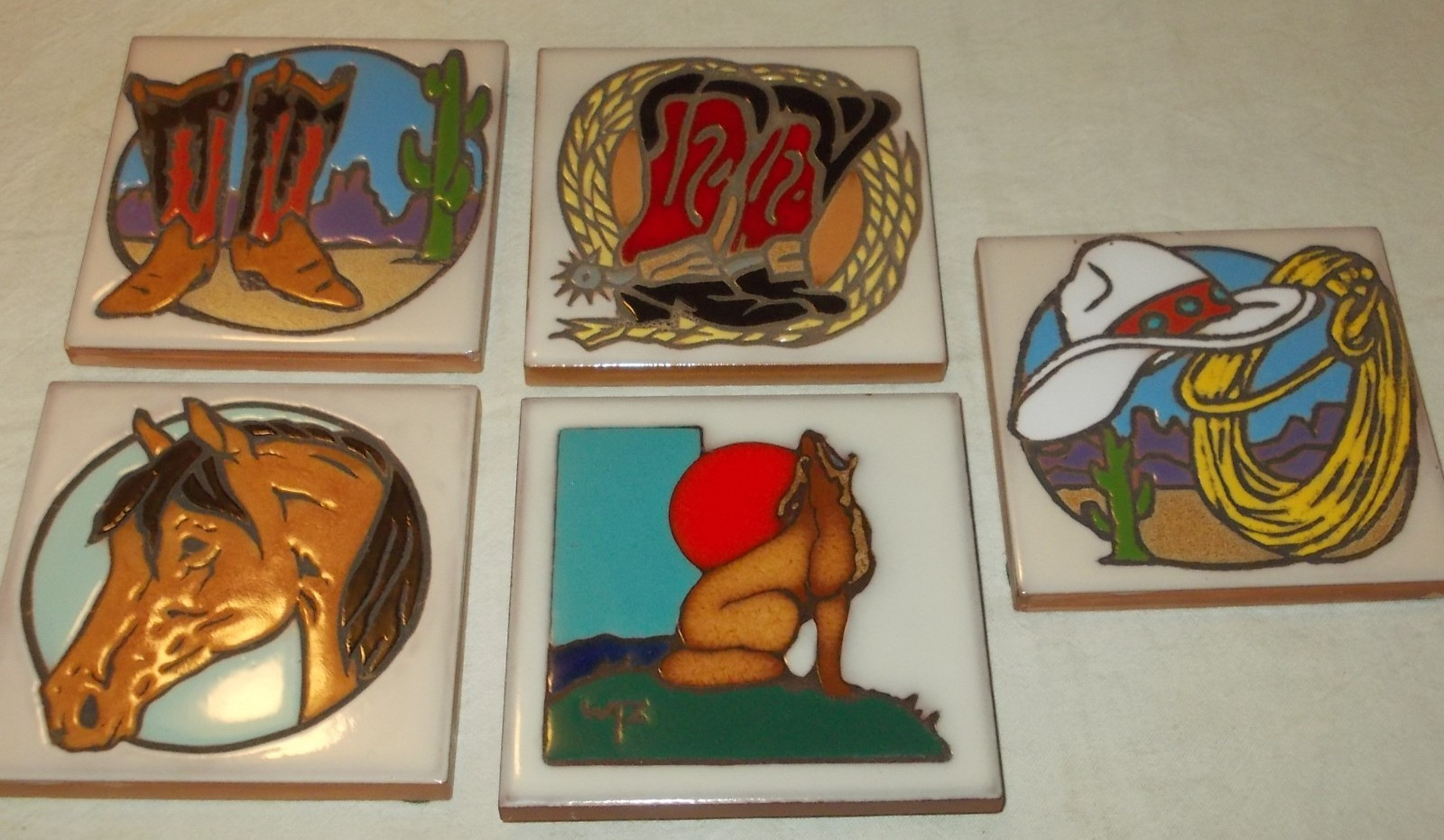 5 Lot Southwestern Cowboy 4" Clay Tiles SENIO Italy HORSE BOOTS HOWLING WOLF
