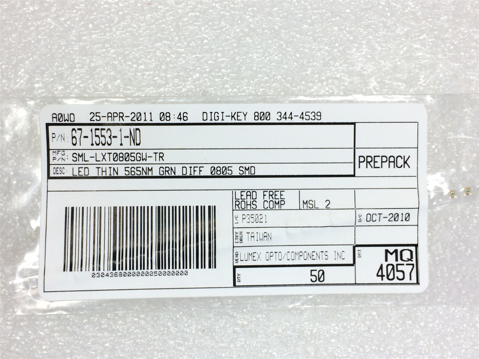 SML-LXT0805GW LUMEX LED, grn 20mA, 2.0V, 0805 ROHS 2 PIECES