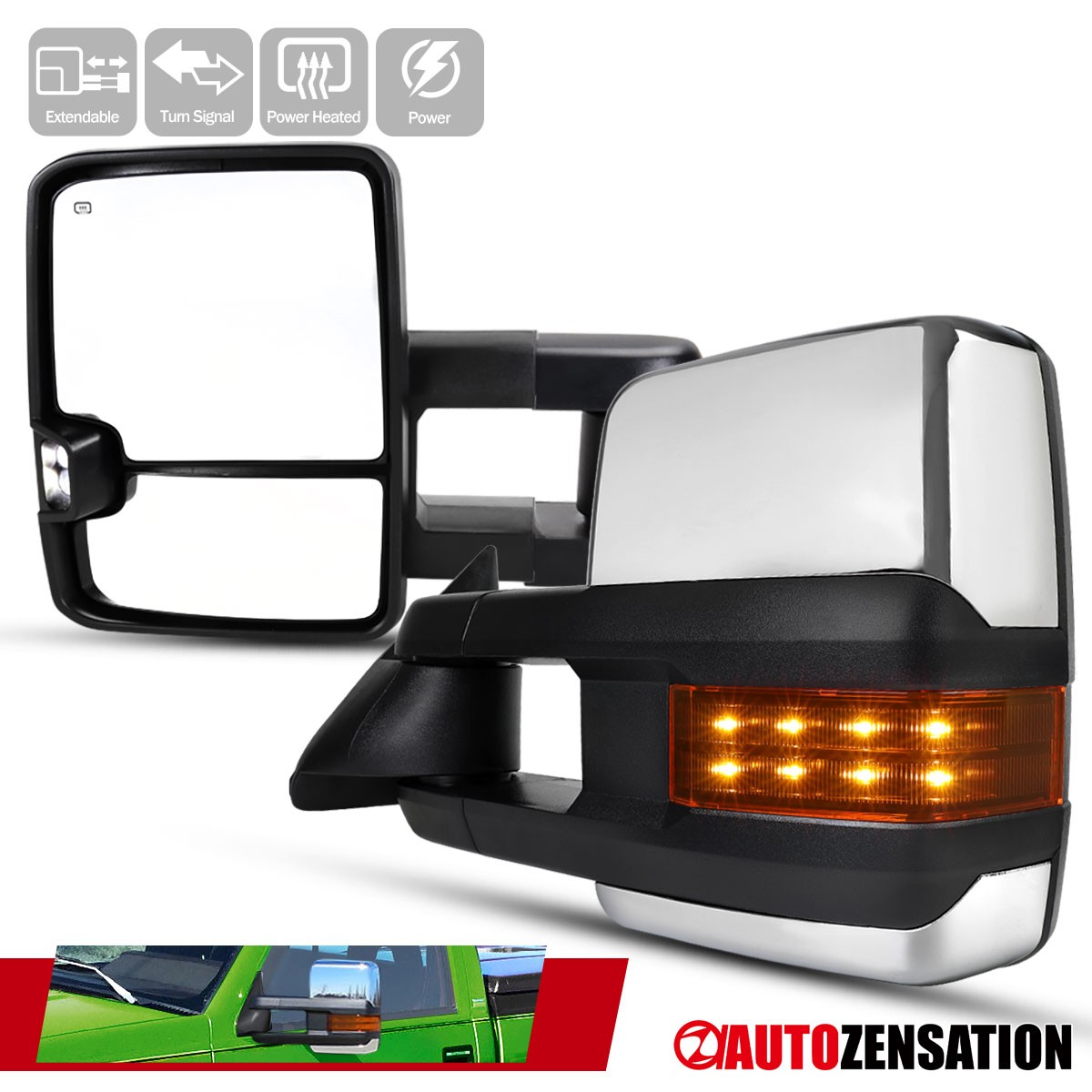 Fit 1999-2002 Silverado GMC Sierra Chrome Power Heat Tow Mirrors Pair LED Signal