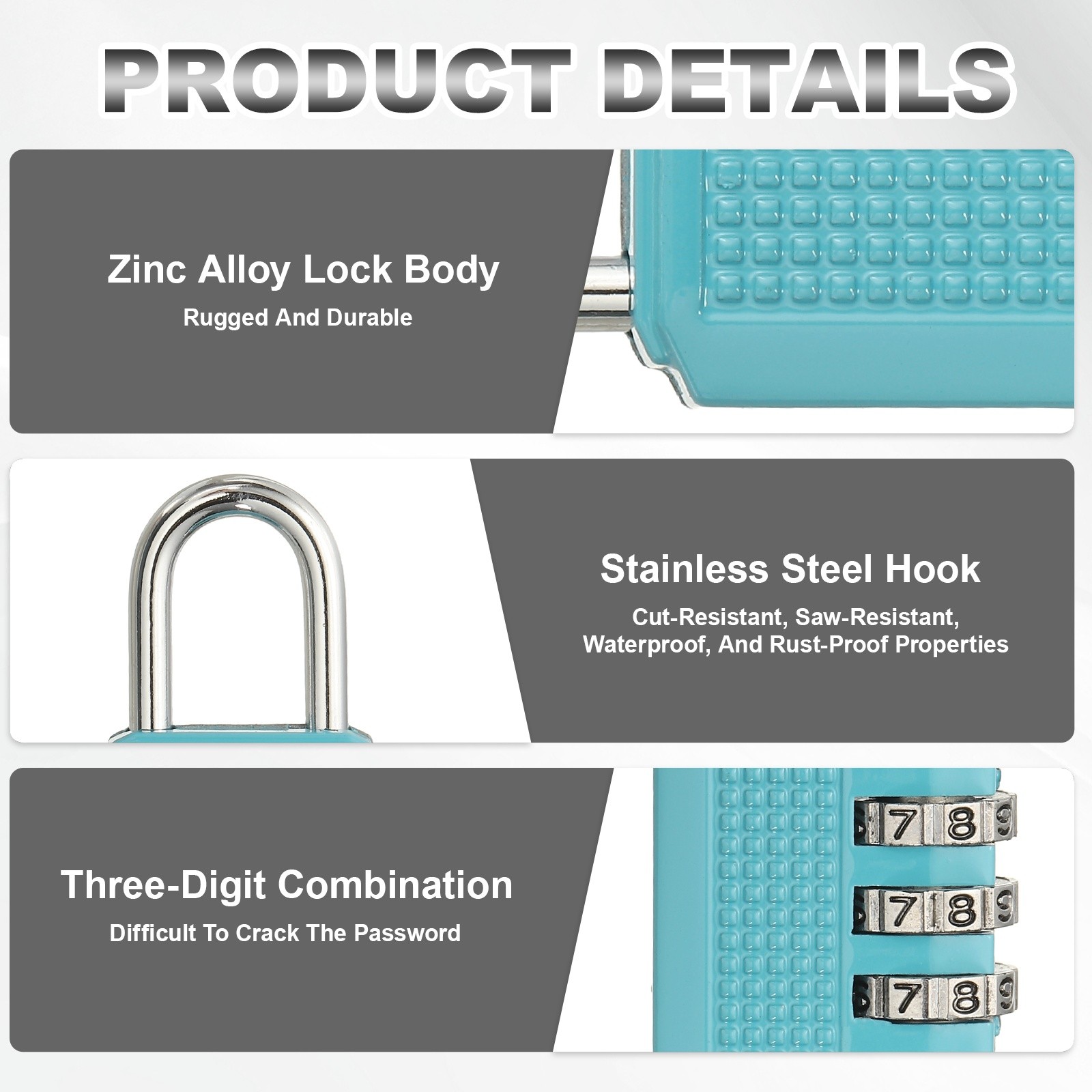 Combination Padlock (Medium, Blue)(2 Pcs), 3-Digit Shackle Code Locks