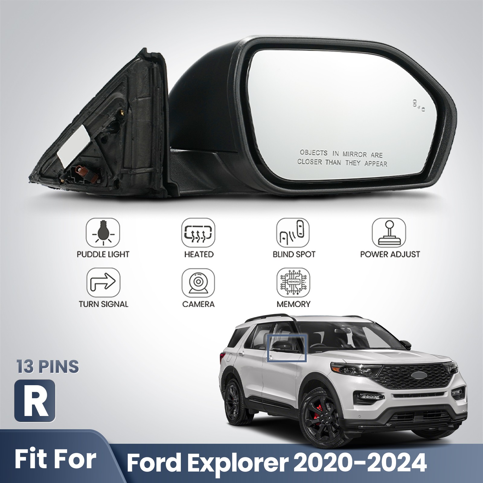 Side Mirror For 2020-2024 Ford Explorer Heated W/Blind Spot &Camera Right 13 Pin