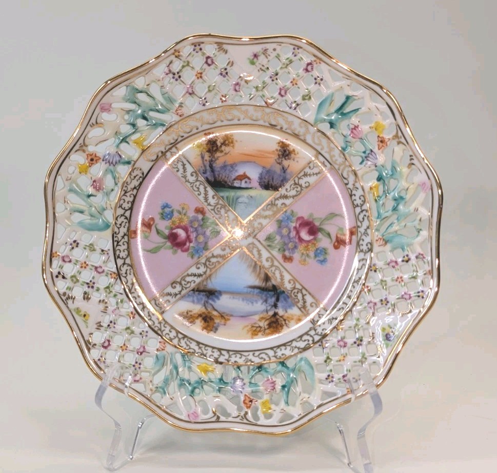Vintage Reticulated Porcelain Plate Hand Painted Floral Scenic Gold Trim 8"