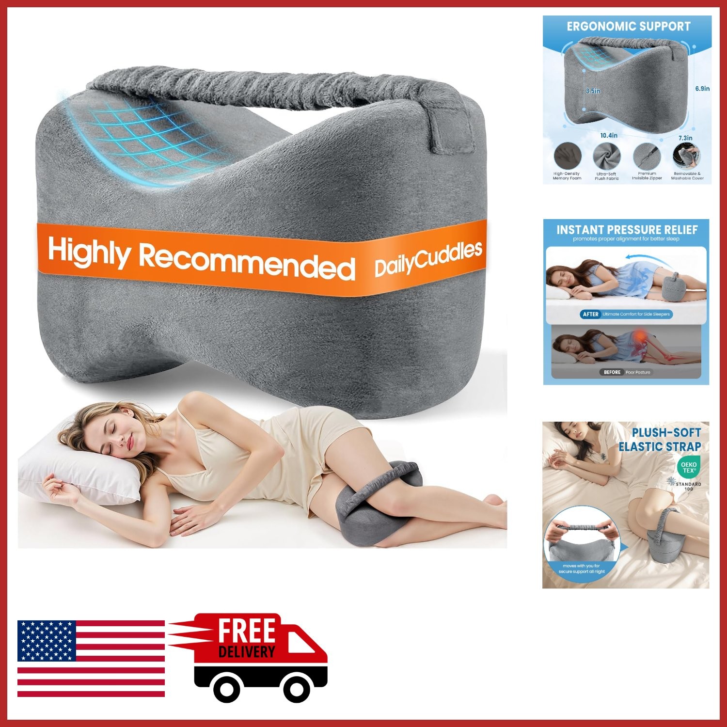 Curved Knee Pillow for Side Sleepers Grey Ergonomic Design for Comfort