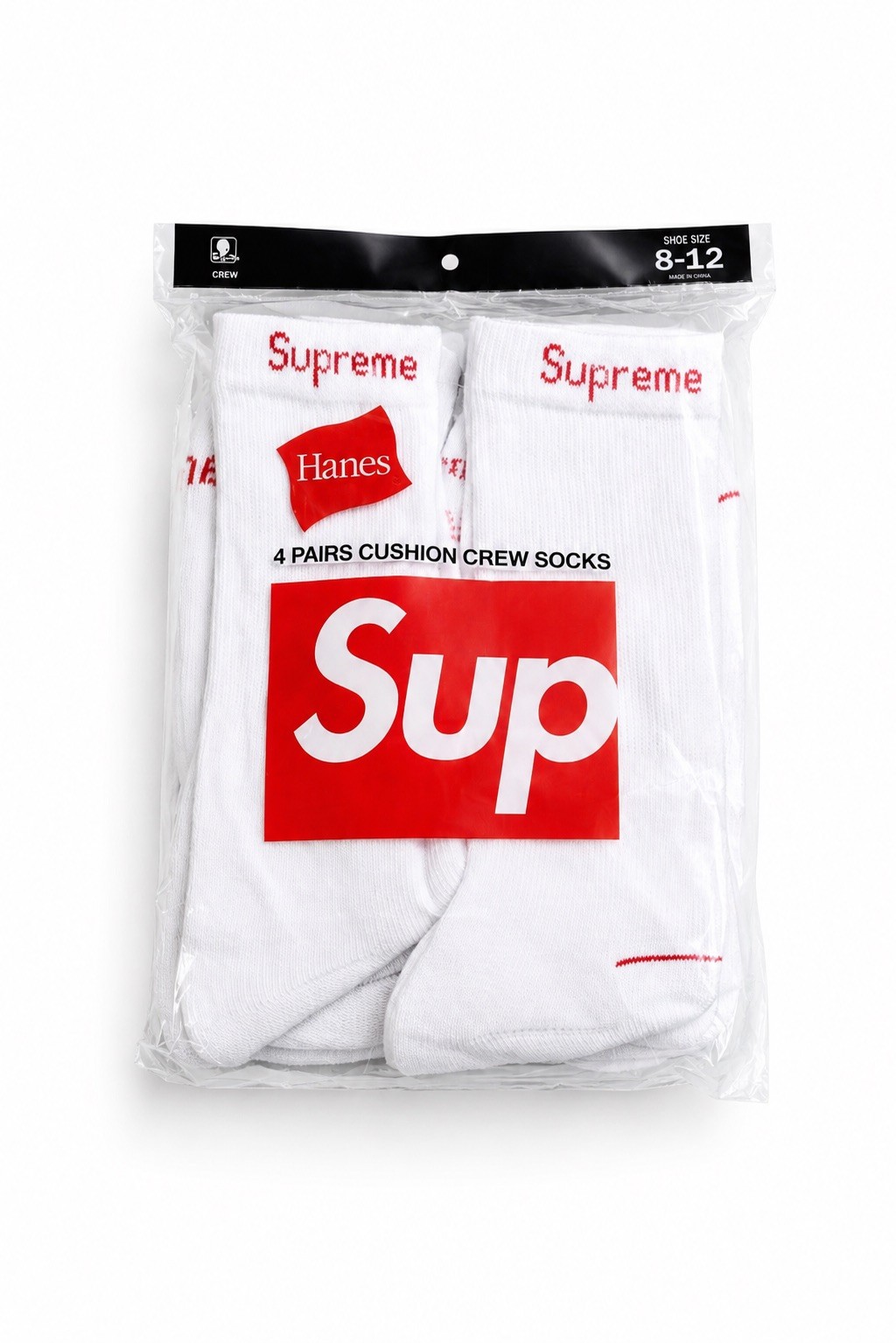 Hanes x Supreme White Cushion Crew Socks (4-Pack) BRAND NEW SEALED