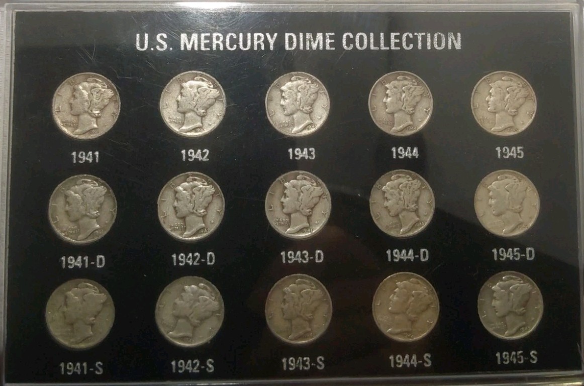 1941 to 1945 P D S MERCURY SILVER DIME 15 Coin Circulated Set in Display Holder
