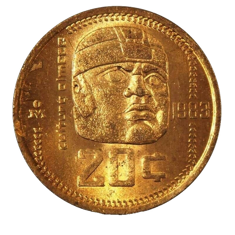 Mexico 1983 20 Centavos Cabeza Olmeca Coin Brass UNC #BM14