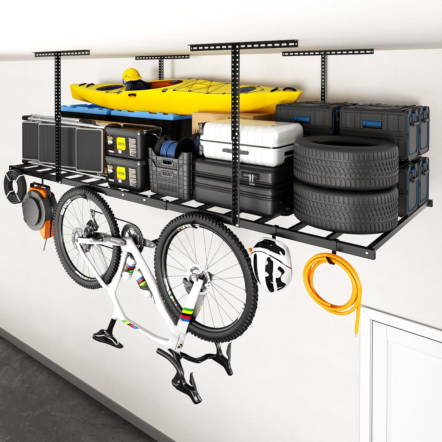 Overhead Garage Storage Rack with Steel Frame and Hooks, 750 lb Rated Capacity