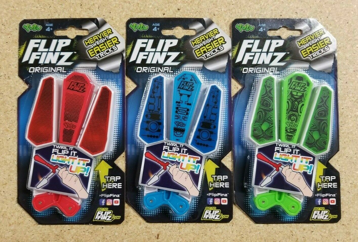 YULU Flip Finz LED Lighted Fidget Toy Set of 3 - Green Red and Blue