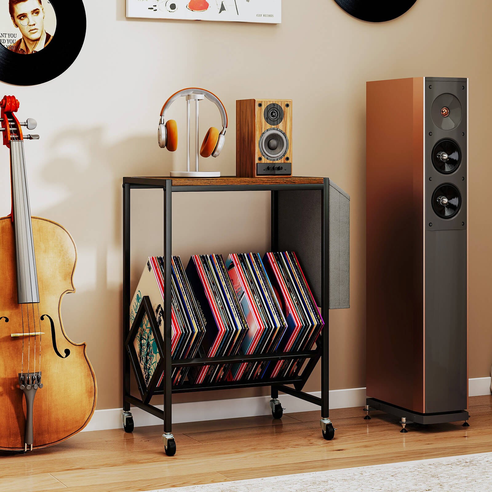Record Player Stand w/Vinyl Record Storage & Side Storage Pouch, Swivel Wheels