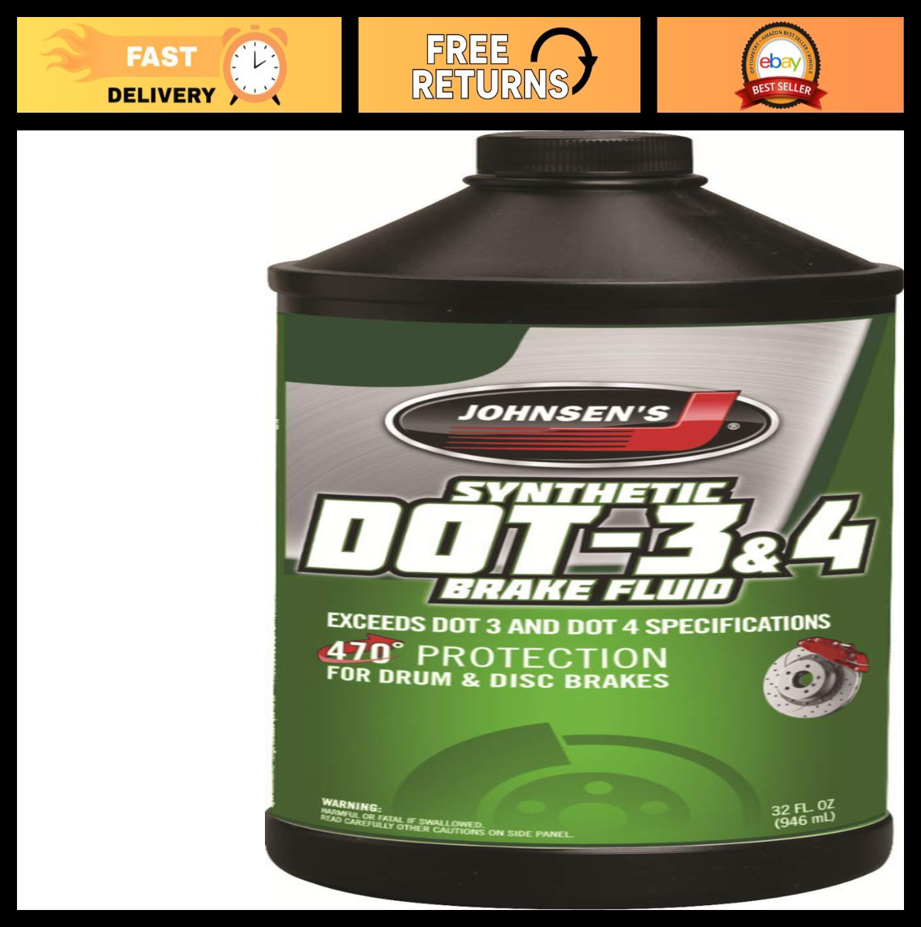 Premium Synthetic DOT 3 & 4 Brake Fluid, 32 Fl Oz - High Performance, Pack of 1
