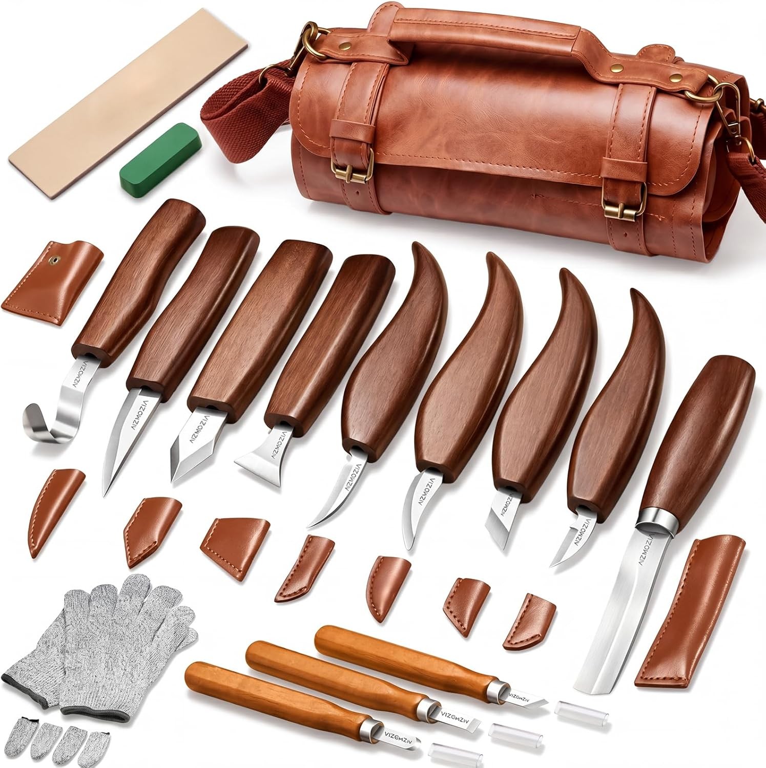Wood Carving Kit 17Pcs Tools Whittling Set with Sheath Leather Roll Bag