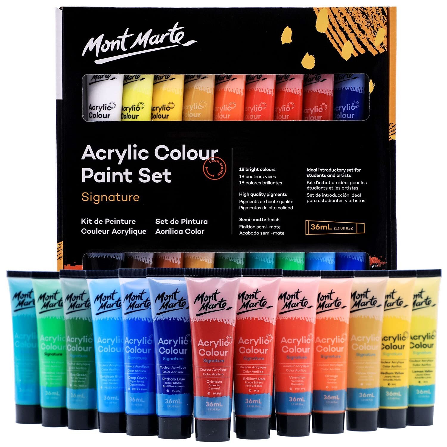 Mont Marte Studio Acrylic Paint Set, 18 Piece, 36ml Tubes. Lightfast Colours ...