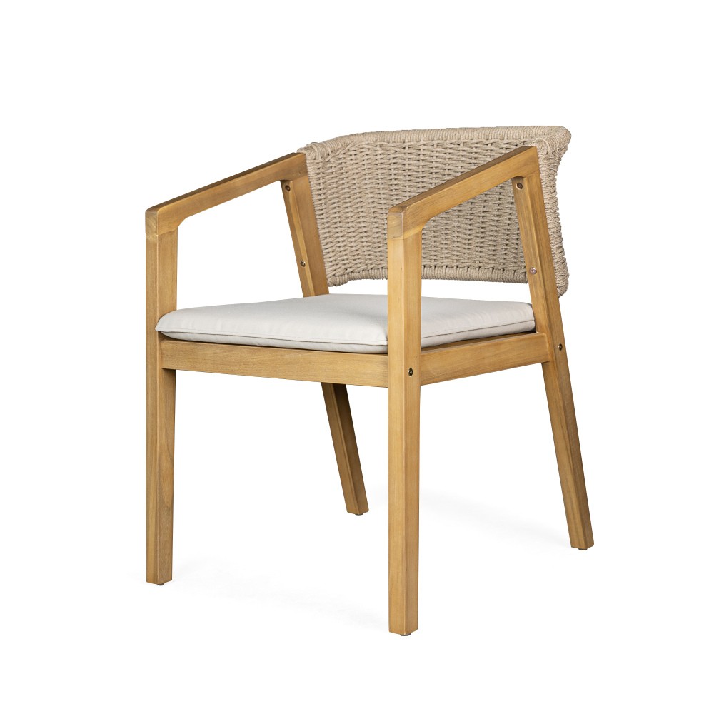 Dining Chair Set of 2 - Light Teak Acacia Wood, Patio Style with Rope Backrest