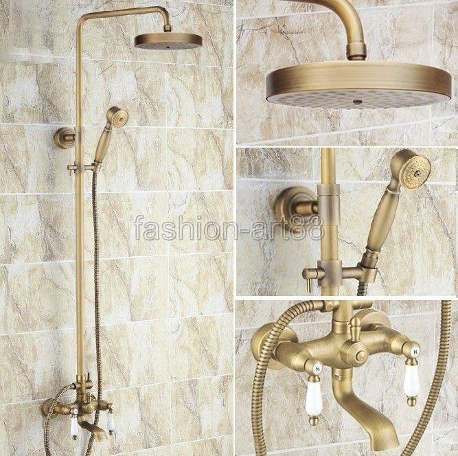 Antique Brass Bathroom Rain Shower Faucet Set Tub Tap with Hand Sprayer frs148