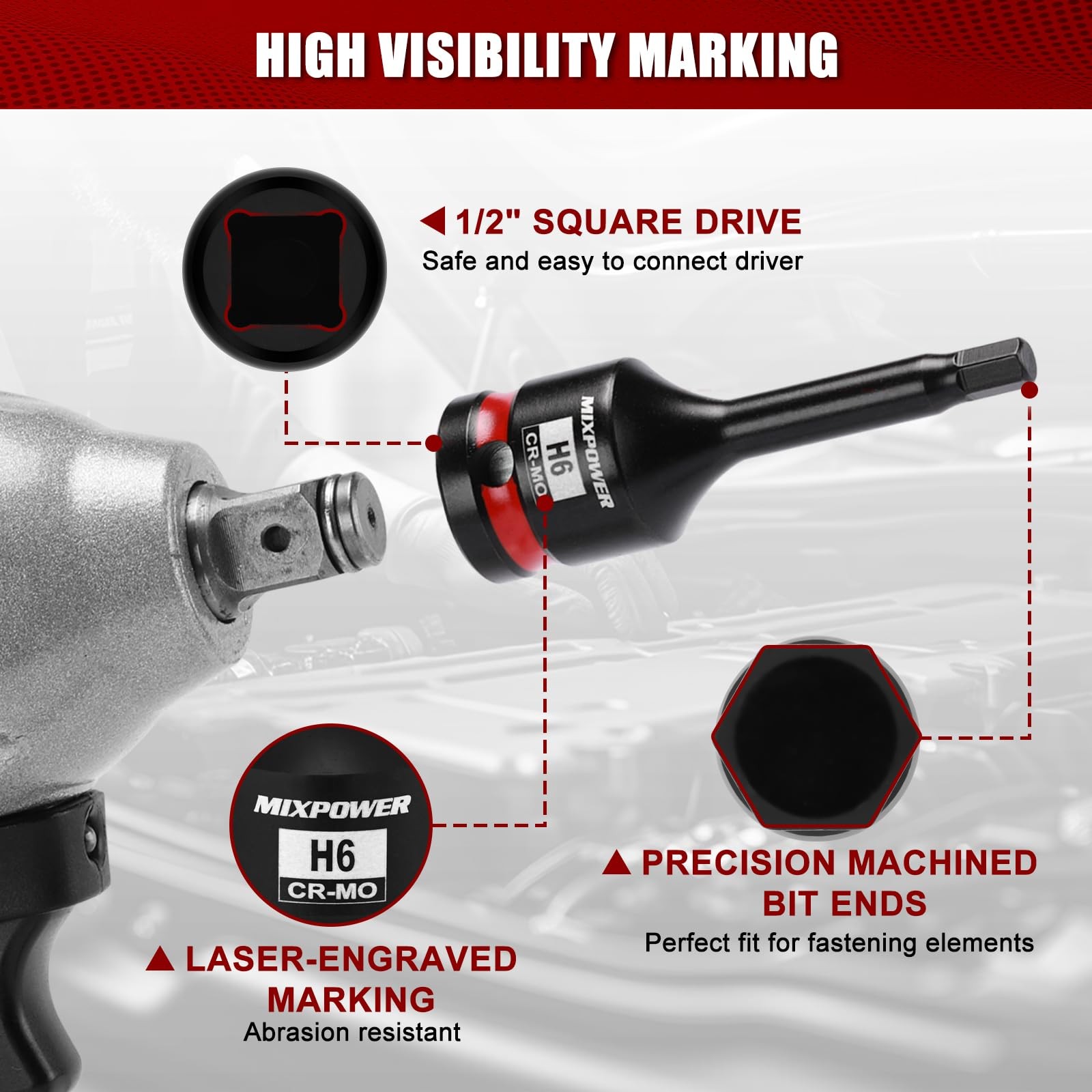 MIXPOWER 1/2" Drive 6mm Hex Impact Bit Socket, Allen 1/2"Dr.6mm