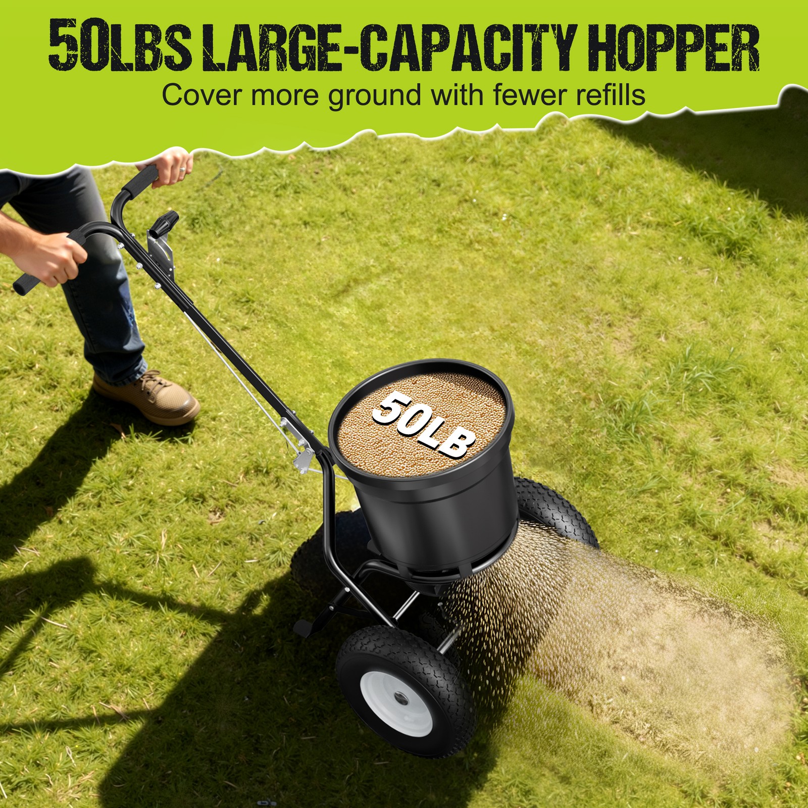 50LB Walk-Behind Push Spreader 30-Level Flow Control with 12" Pneumatic Wheels