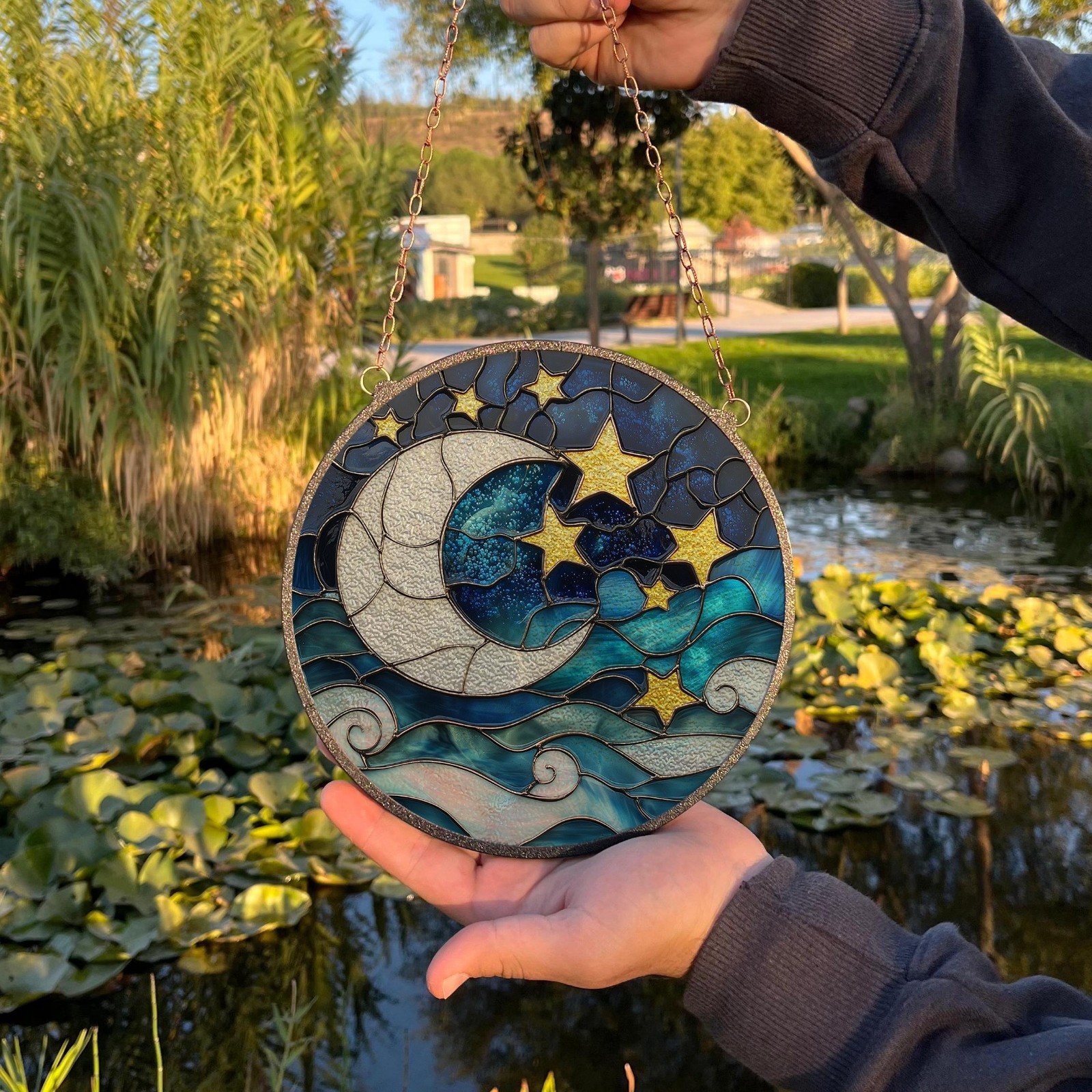 Moon and Stars Painted Stained Glass Suncatcher Nursery Window Decor