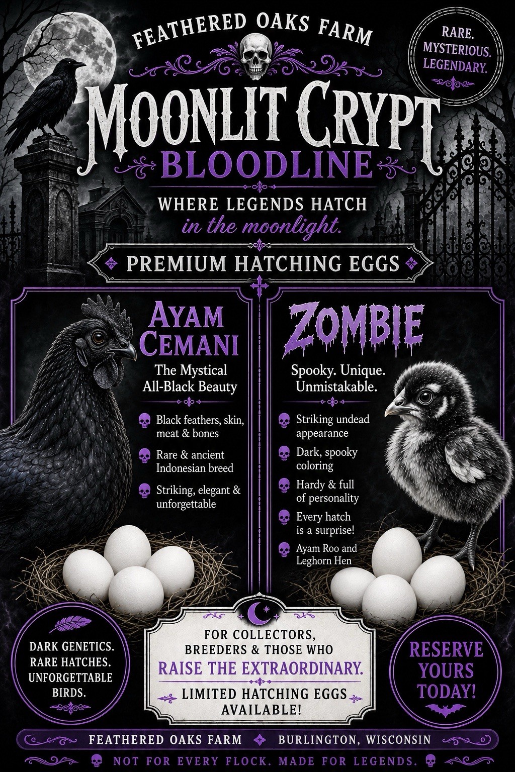 6+ Moonlit Crypt Bloodline Ayam Cemani + Zombie Premium Hatching Eggs