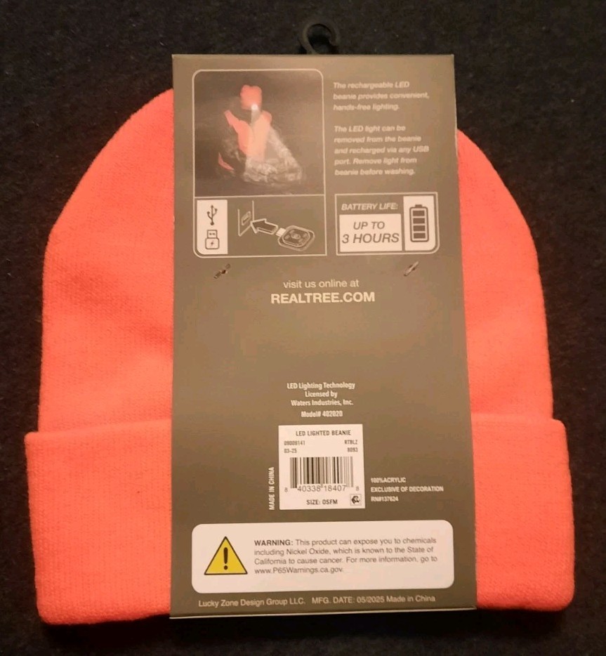 Realtree Rechargeable LED Beanie Orange Blaze Hunters Fluorescent Orange NWT