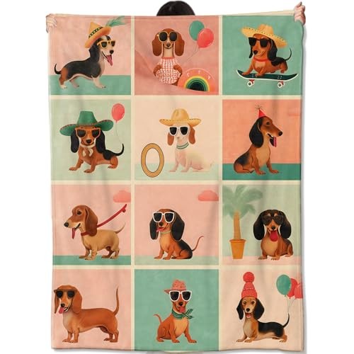 Dog Blanket, Cartoon Dog Illustration Grid Design 60x50 Inch Dachshund